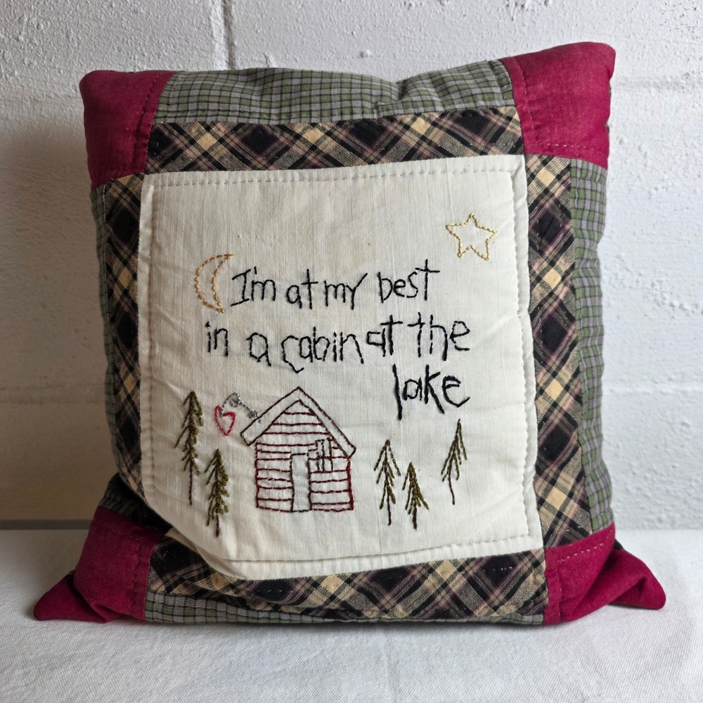 Hand Embroidered Patchwork Plaid Decorative Pillow Rustic Cabin at the Lake